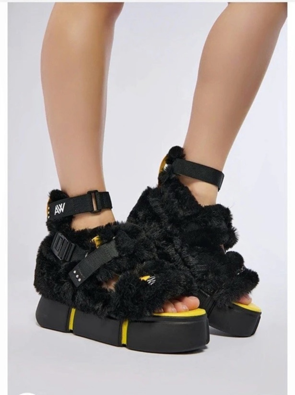 Anthony Wang Cranberry Caged Black Fuzzy Flatform Sandal